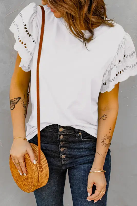 White hollow out ruffle sleeve t-shirt - tops