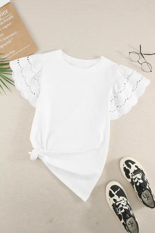 White hollow out ruffle sleeve t-shirt - tops