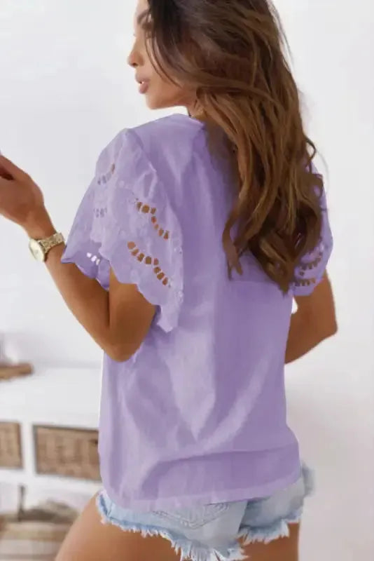 White Hollow Out Ruffle Sleeve T-shirt - Fashionfitz