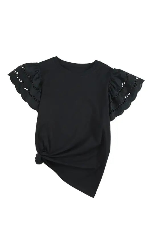 White hollow out ruffle sleeve t-shirt - tops