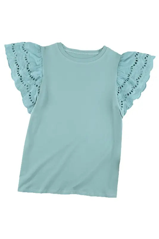 White hollow out ruffle sleeve t-shirt - tops