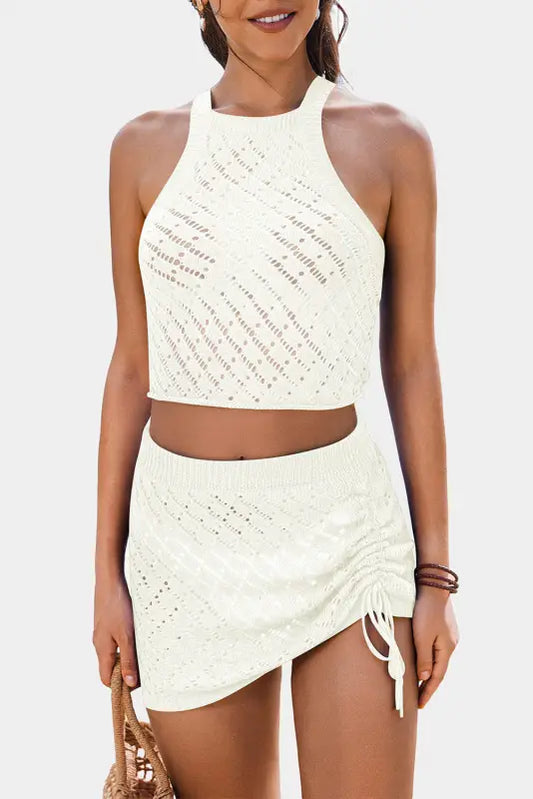 White hollowed crochet cropped 2 piece beach dress - l / 100% acrylic - swimwear