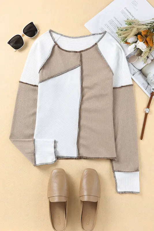 White irregular color block seaming trim rib knit top - long sleeve tops