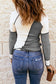 White irregular color block seaming trim rib knit top - long sleeve tops