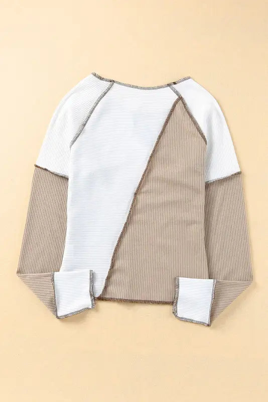 White irregular color block seaming trim rib knit top - long sleeve tops