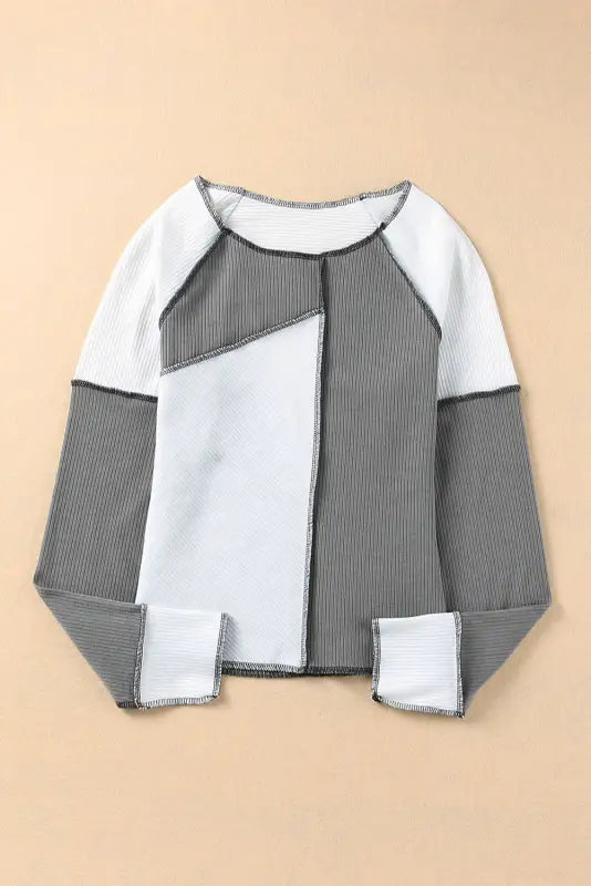 White irregular color block seaming trim rib knit top - long sleeve tops