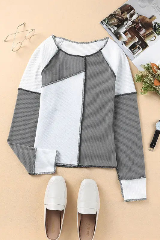 White irregular color block seaming trim rib knit top - long sleeve tops