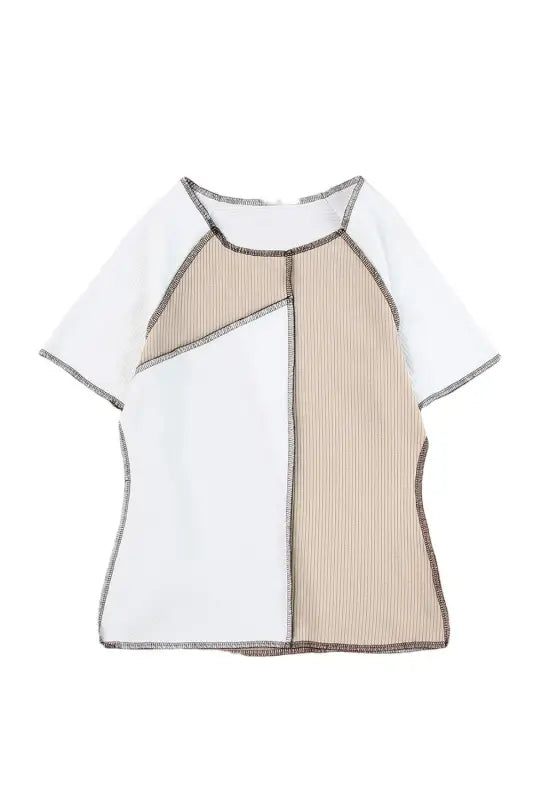 White irregular color block seaming trim rib knit top - long sleeve tops