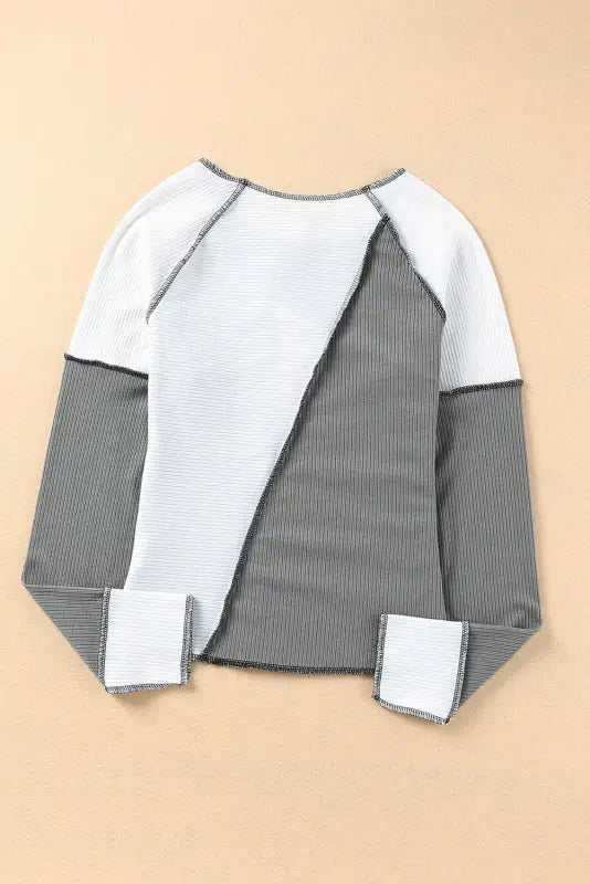 White irregular color block seaming trim rib knit top - long sleeve tops