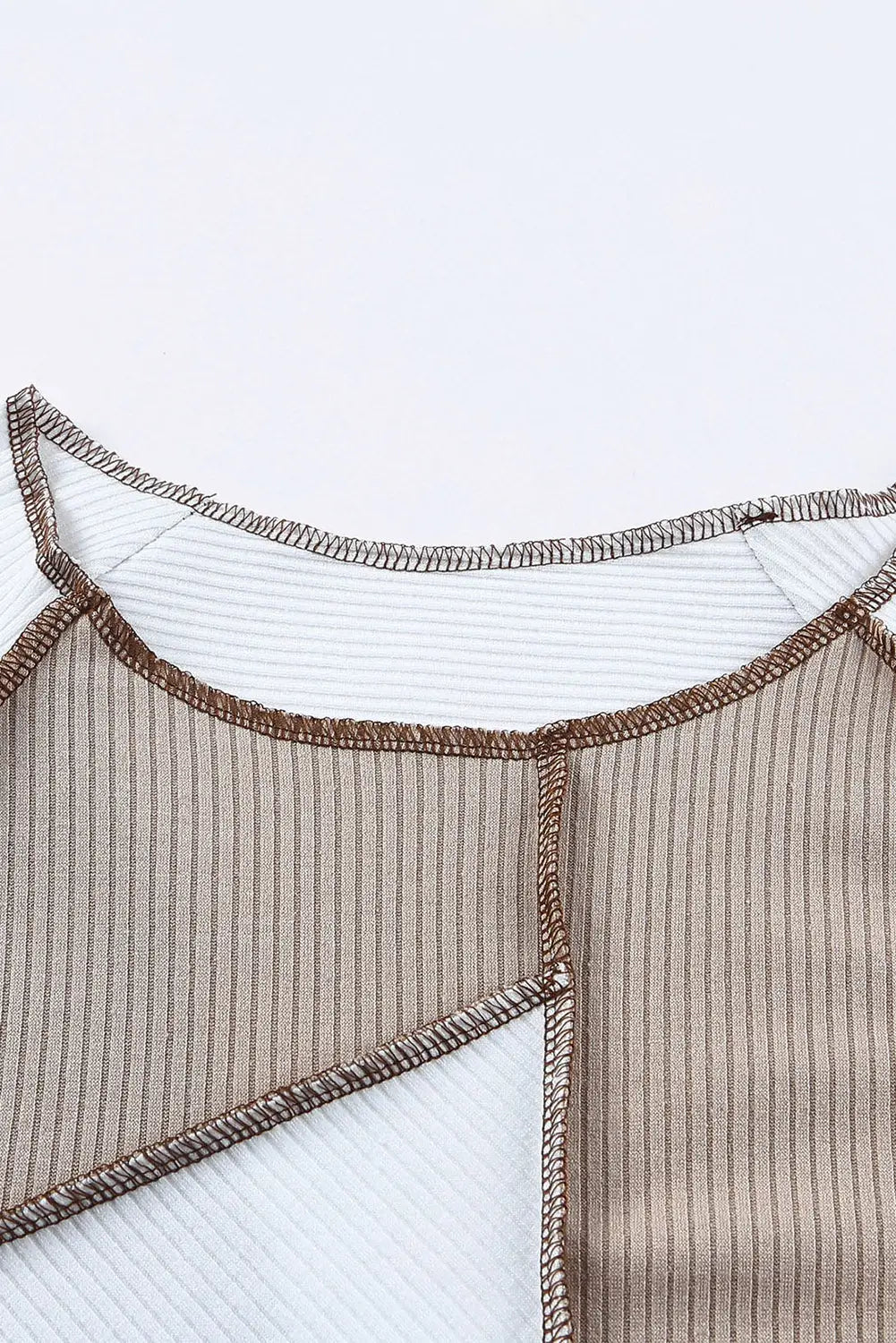 White irregular color block seaming trim rib knit top - long sleeve tops