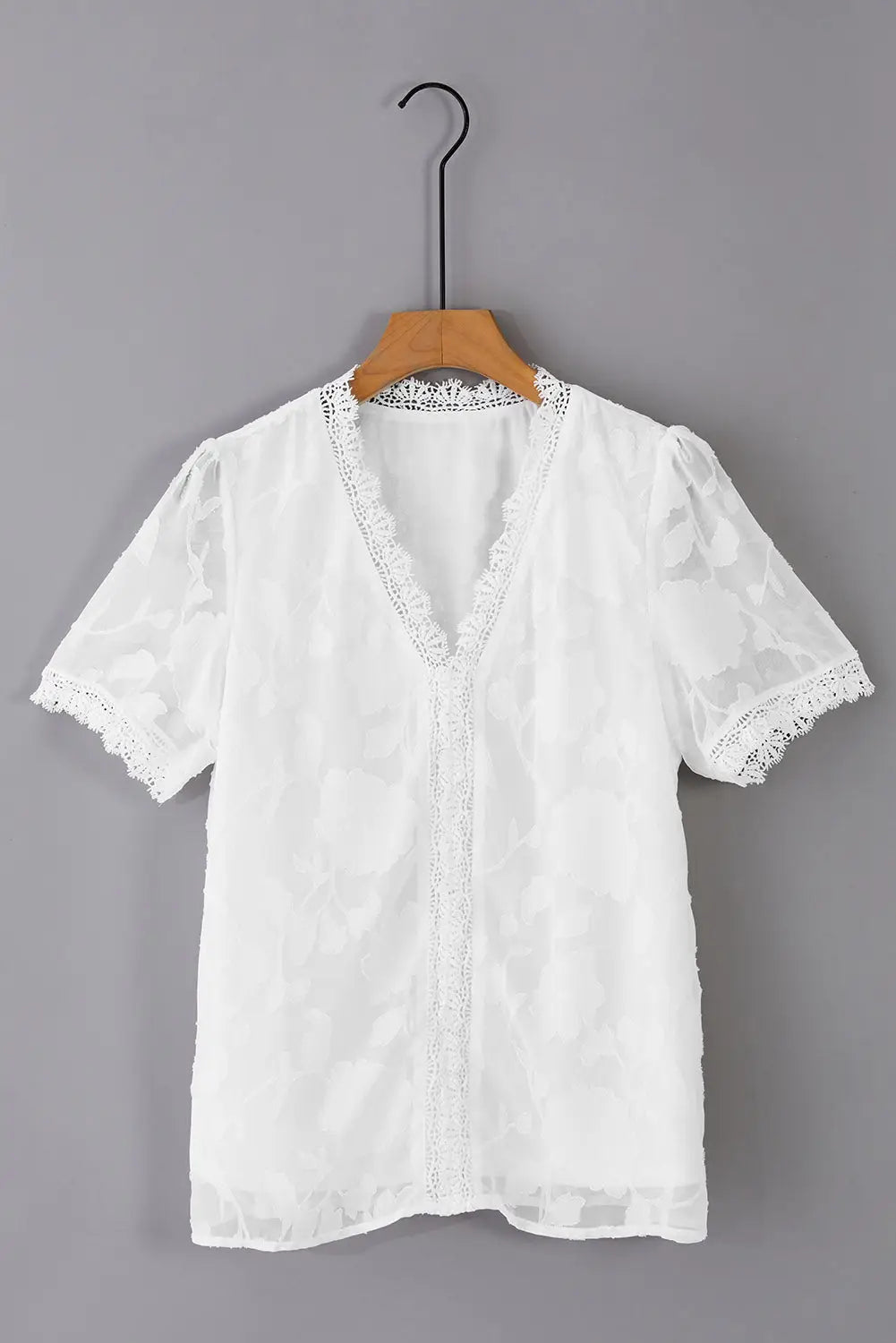 White jacquard lace crochet contrast v neck t shirt - tops