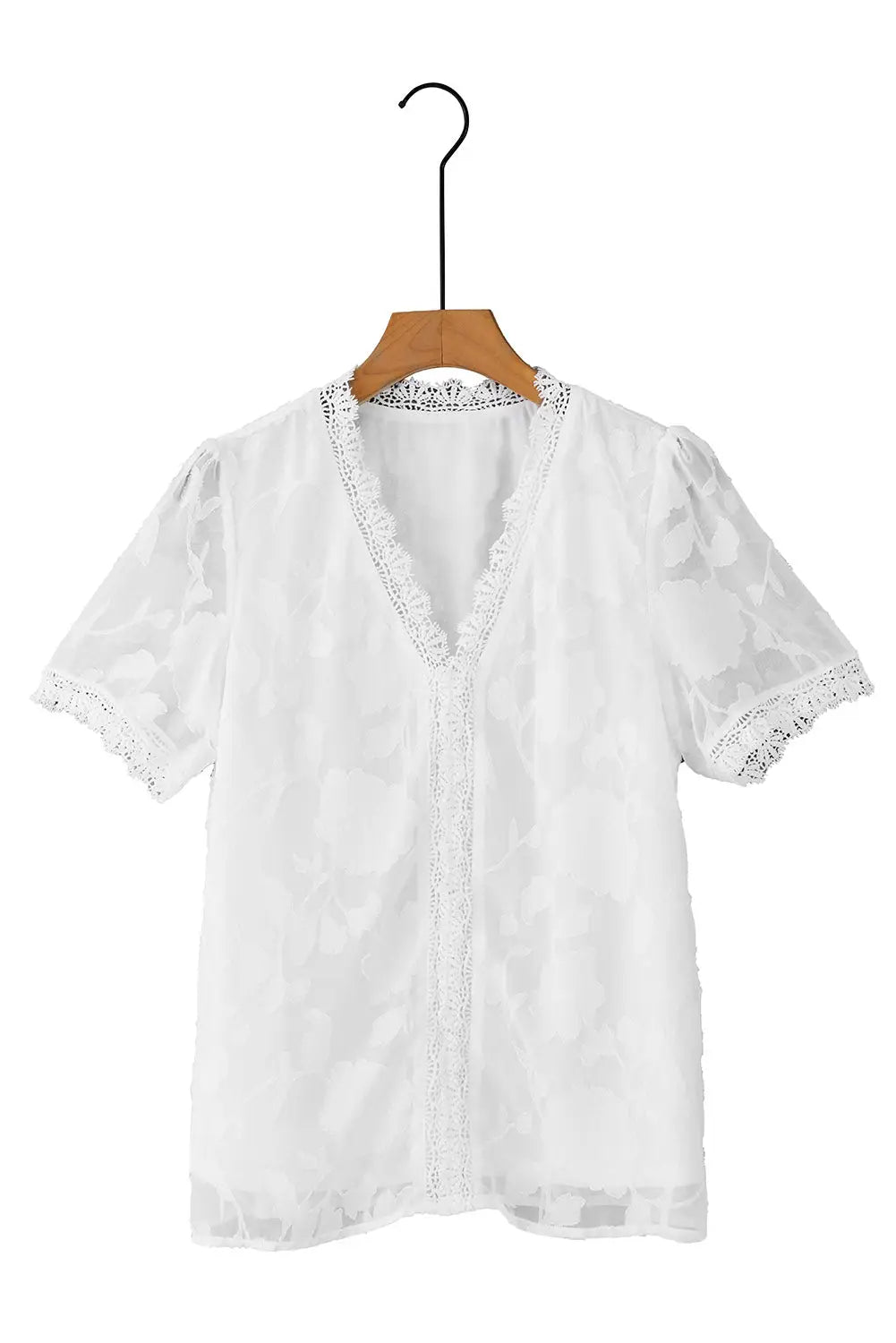 White jacquard lace crochet contrast v neck t shirt - tops