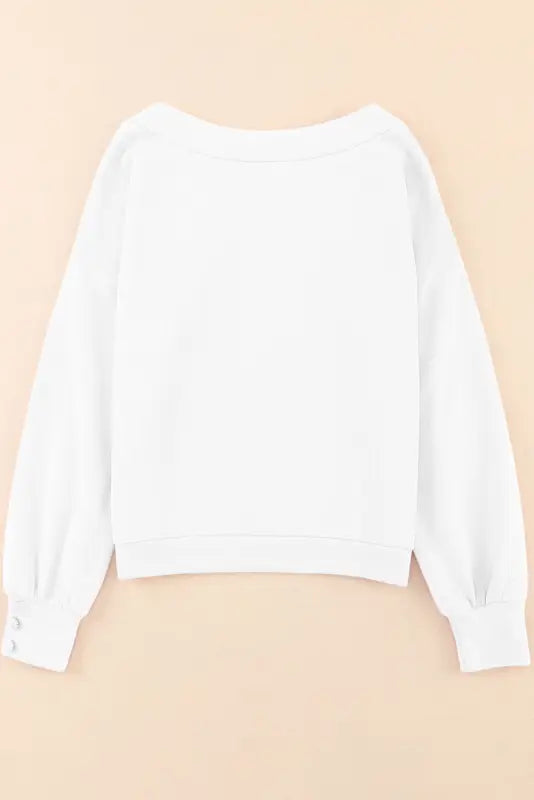 White knitted v neck buttoned cuffs sweater - tops