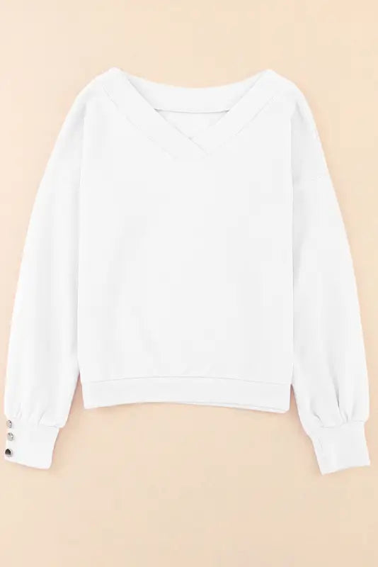 White knitted v neck buttoned cuffs sweater - tops