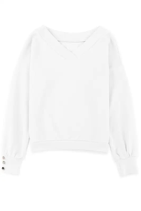 White knitted v neck buttoned cuffs sweater - tops