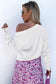 White knitted v neck buttoned cuffs sweater - tops