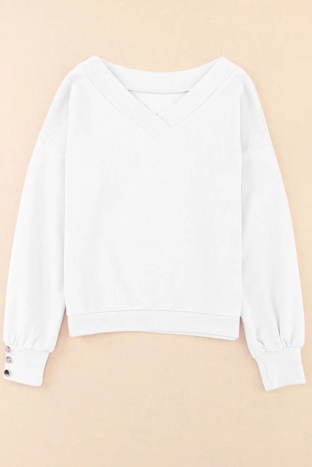 White knitted v neck buttoned cuffs sweater - tops