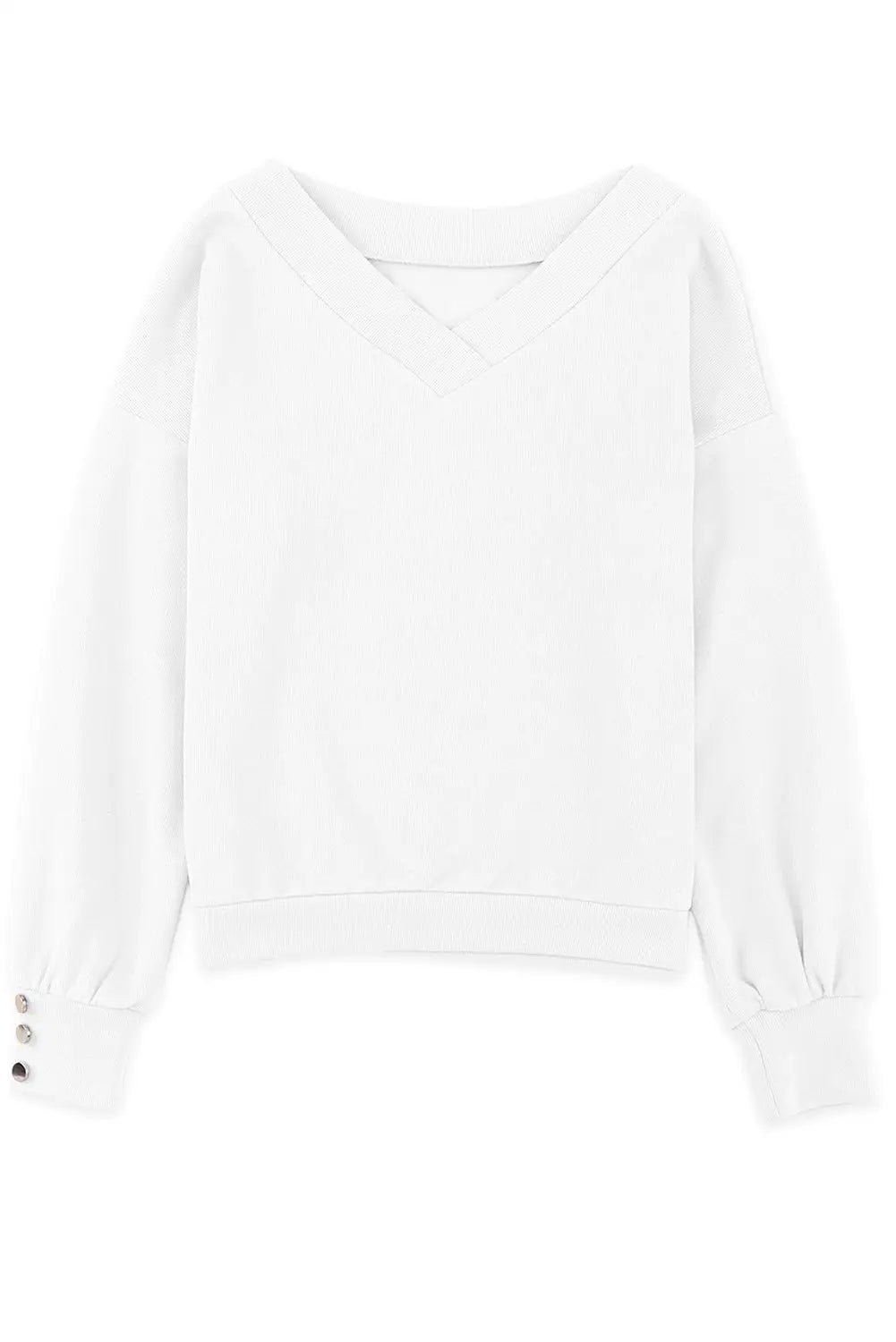 White knitted v neck buttoned cuffs sweater - tops