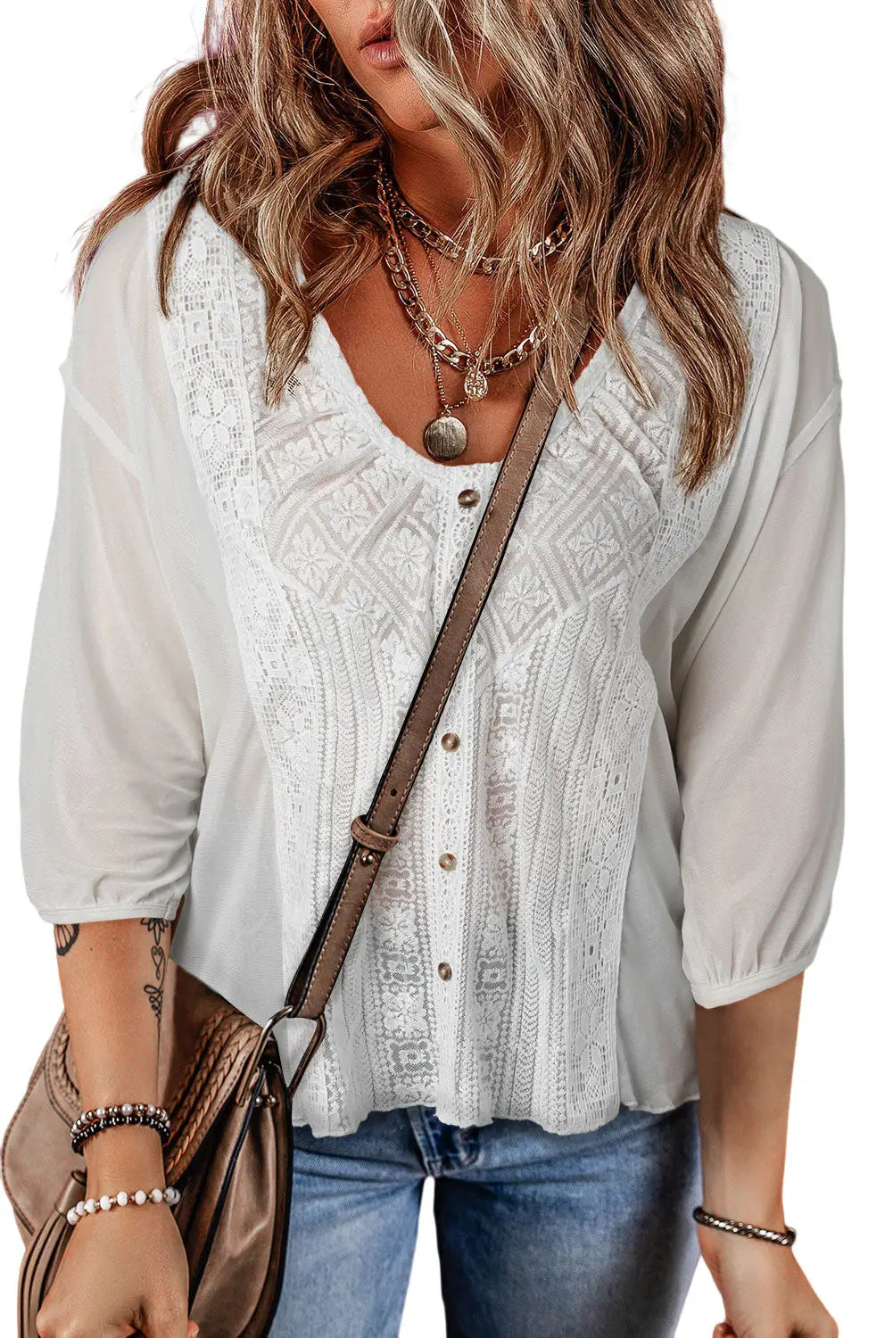 White lace bracelet sleeve v-neck button-up top - blouses & shirts