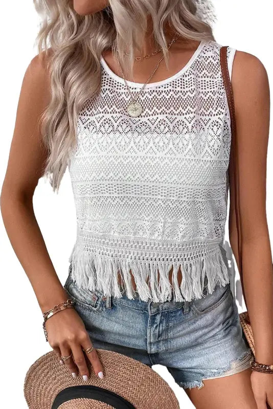 White lace crochet hollow out fringed tank top - tops