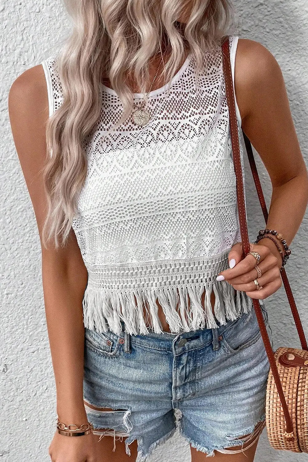 White lace crochet hollow out fringed tank top - tops