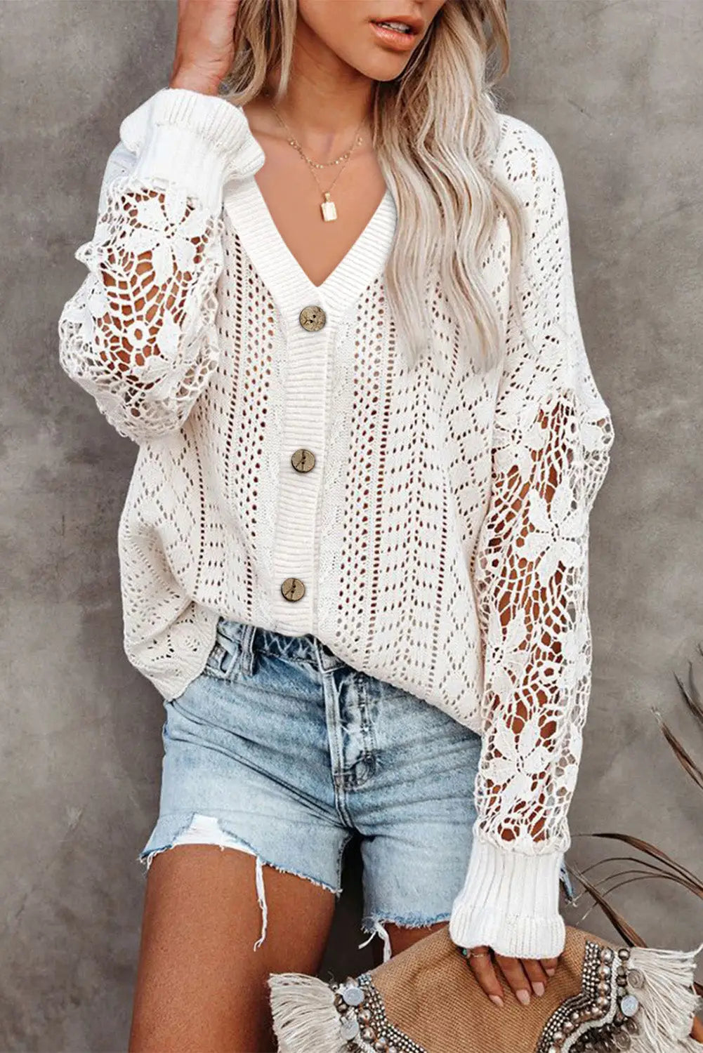White lace crochet hollow out knit buttoned sweater - s / 55% acrylic + 45% cotton - sweaters & cardigans