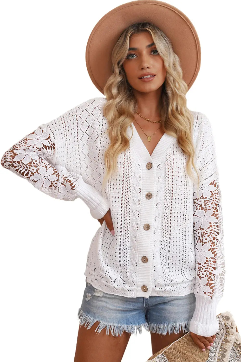 White lace crochet hollow out knit buttoned sweater - sweaters & cardigans