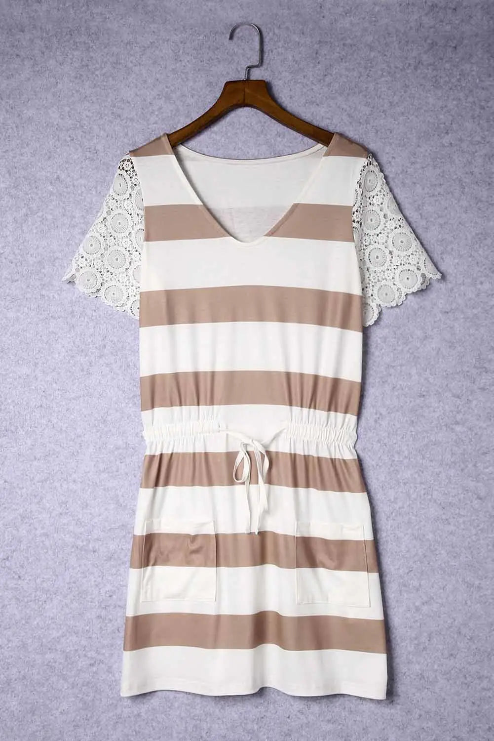 White lace crochet short sleeve drawstring striped dress - mini dresses