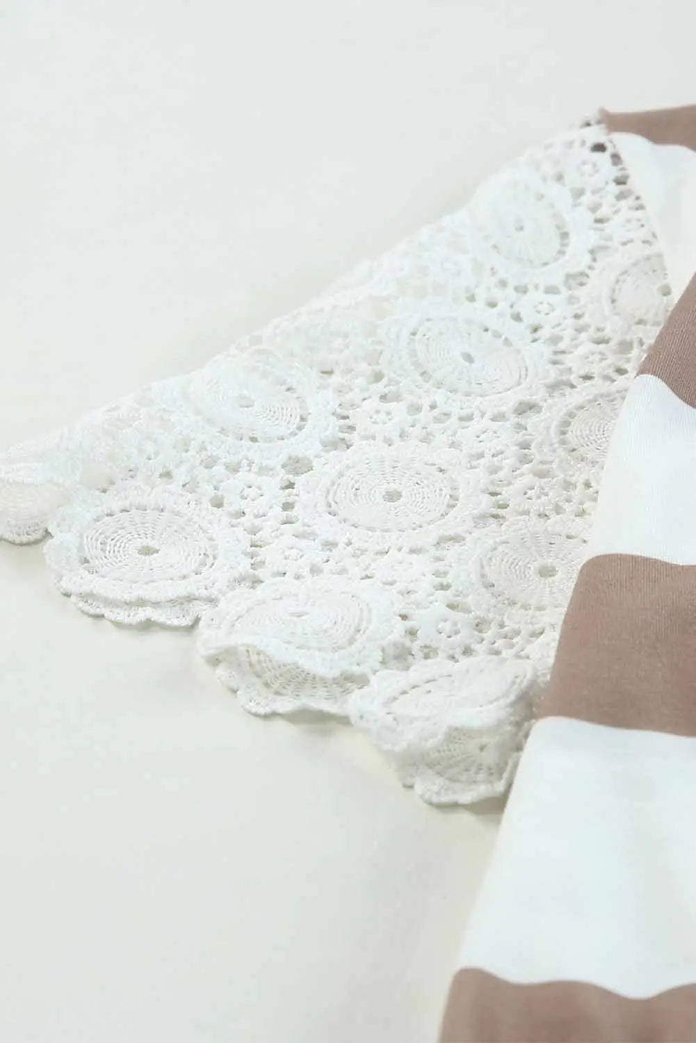 White lace crochet short sleeve drawstring striped dress - mini dresses