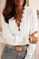 White lace crochet trim deep v neck textured blouse - s / 100% cotton - tops