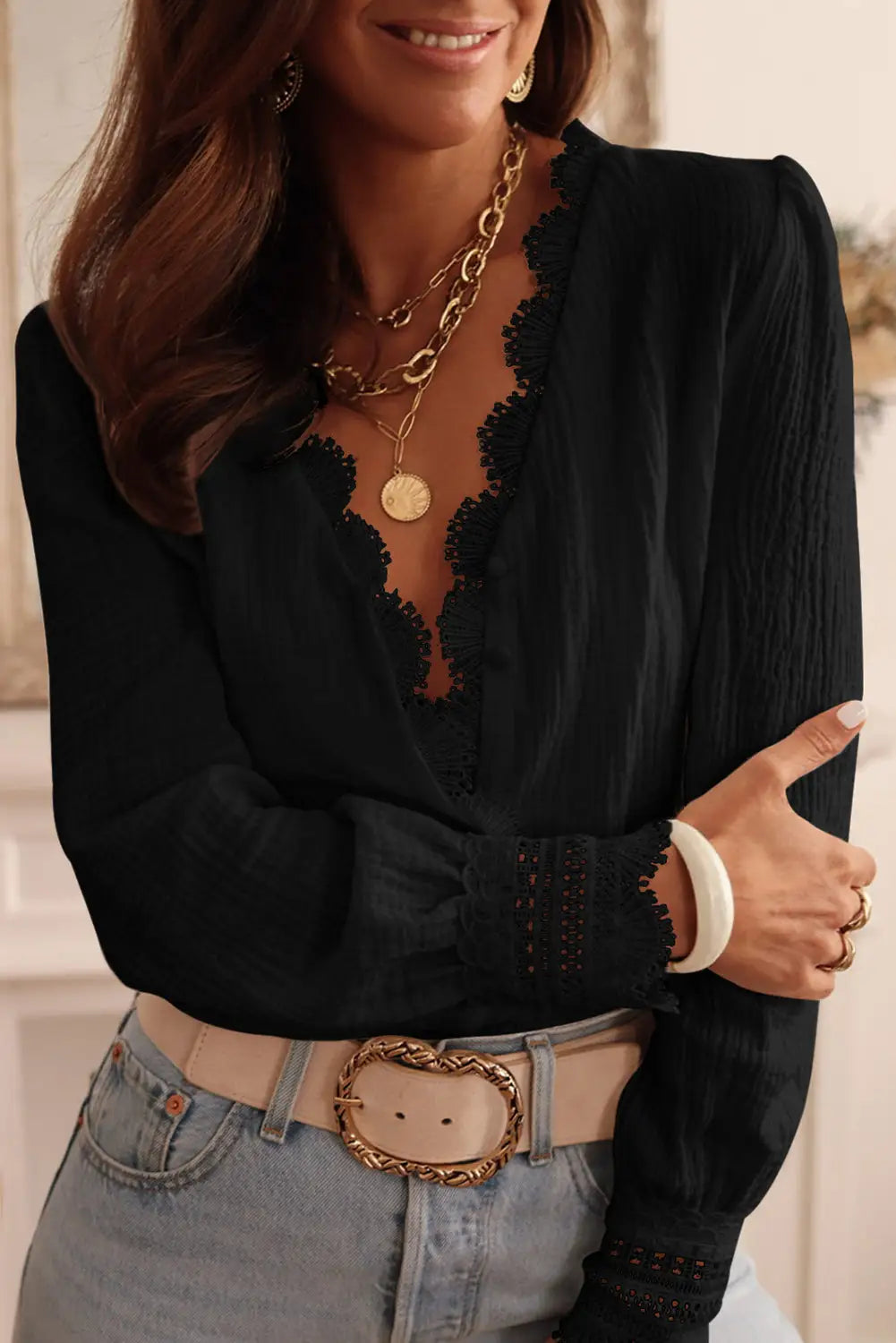 White lace crochet trim deep v neck textured blouse - black / s / 100% cotton - tops