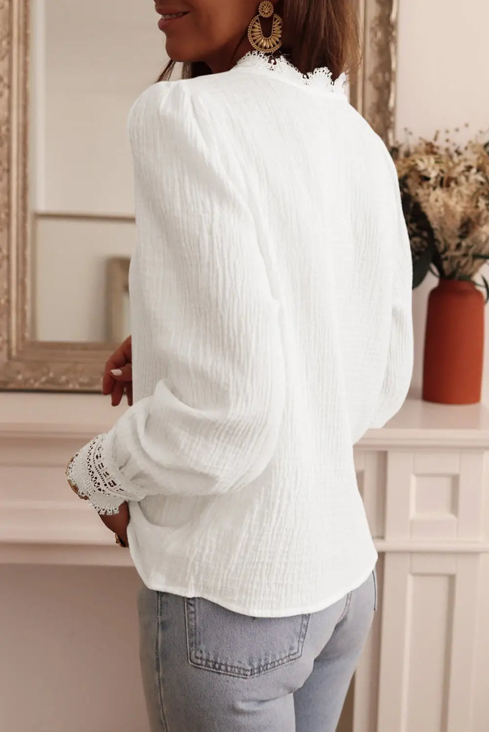 White lace crochet trim deep v neck textured blouse - tops