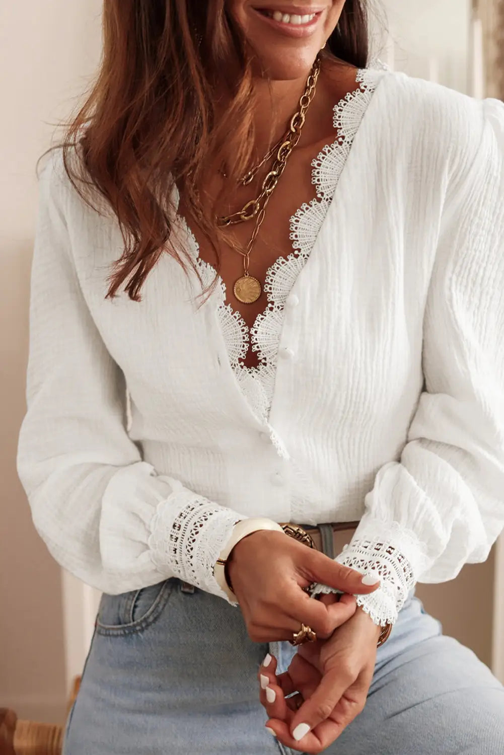White lace crochet trim deep v neck textured blouse - tops