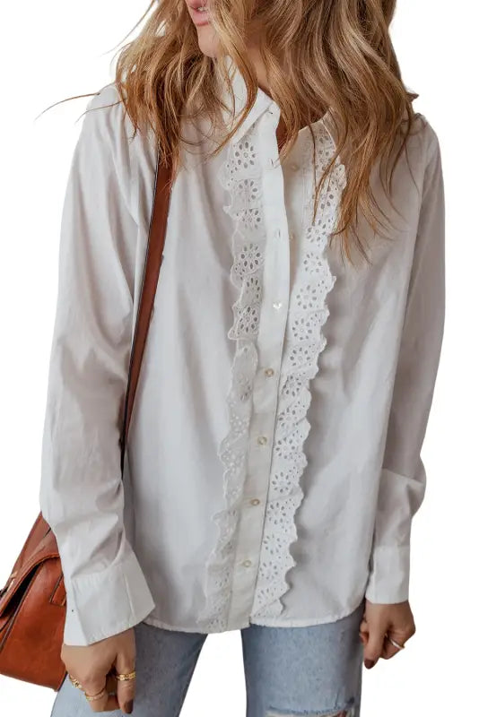 Elegant white lace crochet trim shirt | timeless style