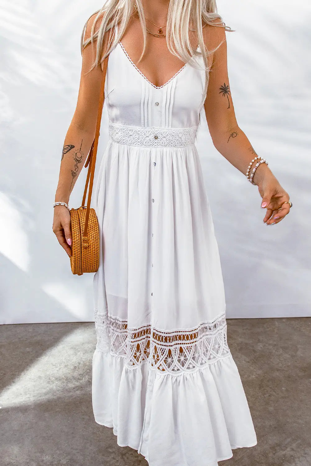 White lace splice button decor spaghetti strap maxi dress - dresses