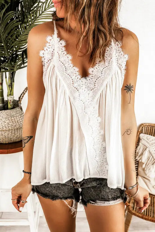 White lace splicing cami top - tank tops