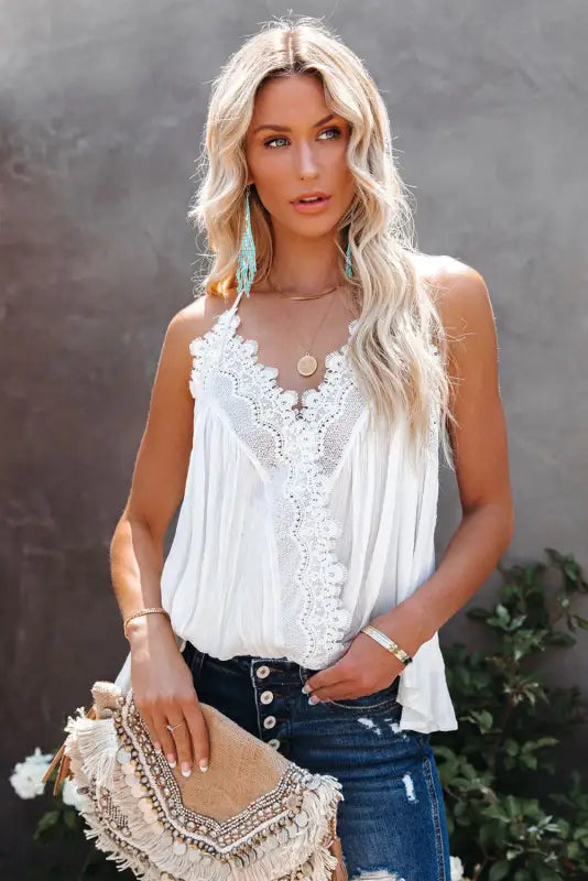 White lace splicing cami top - tank tops