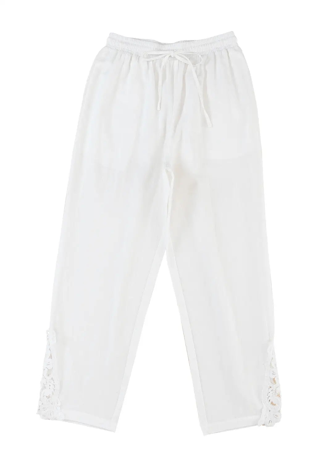 White lace splicing drawstring casual cotton pants - straight