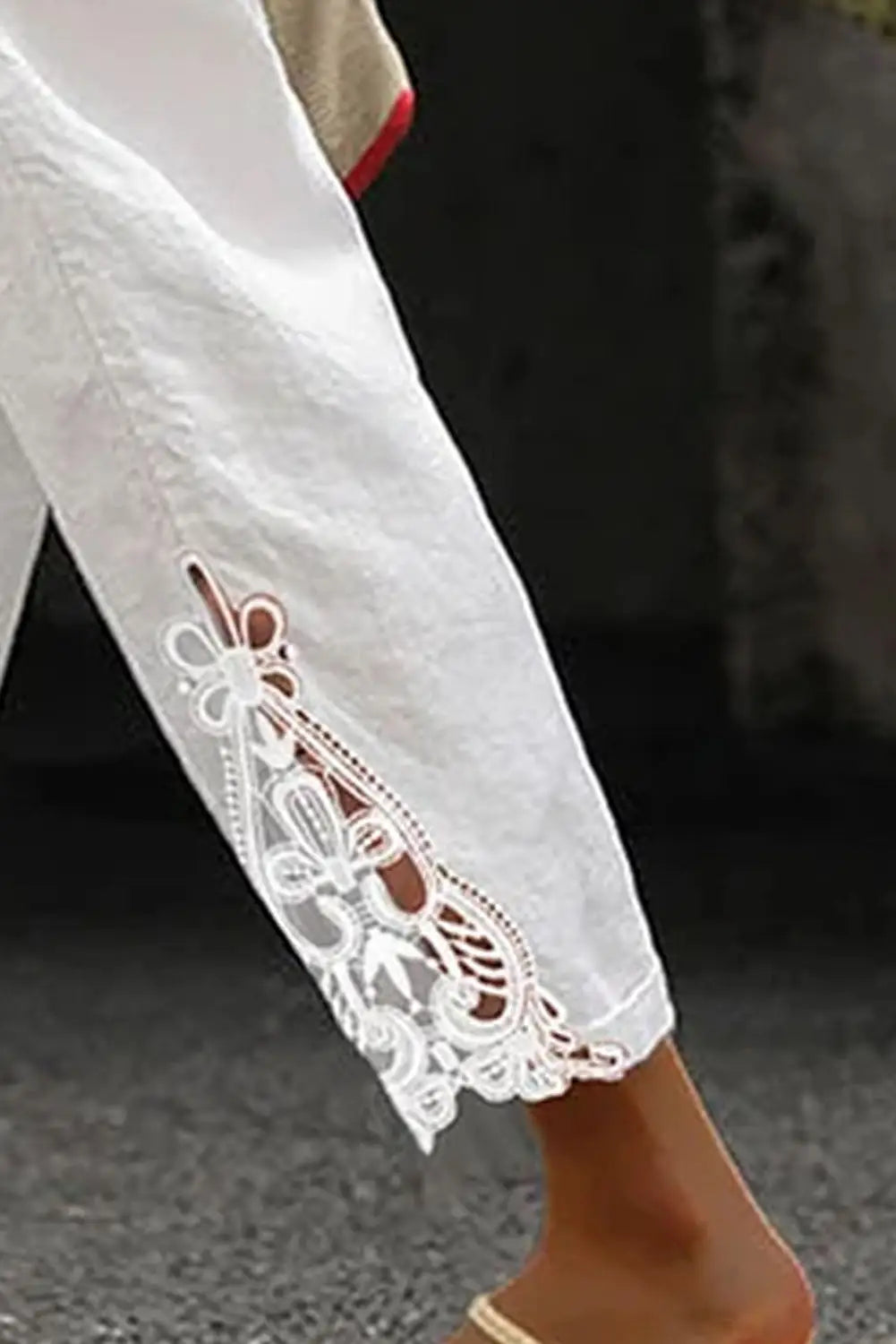 White lace splicing drawstring casual cotton pants - straight