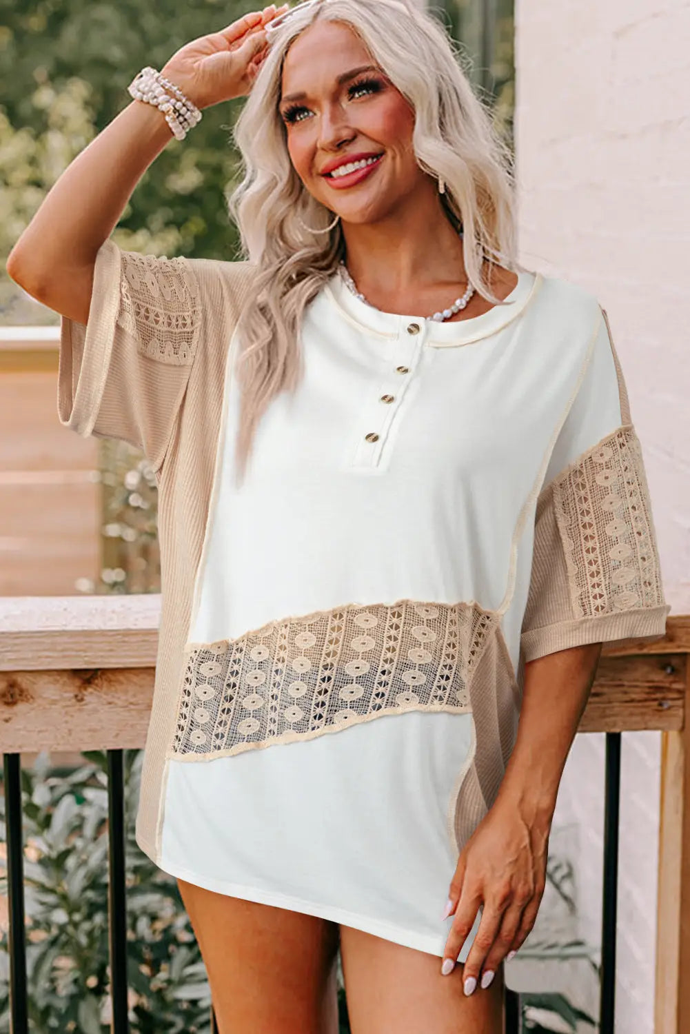 White lace splicing ribbed patchwork short sleeve henley top - t-shirts