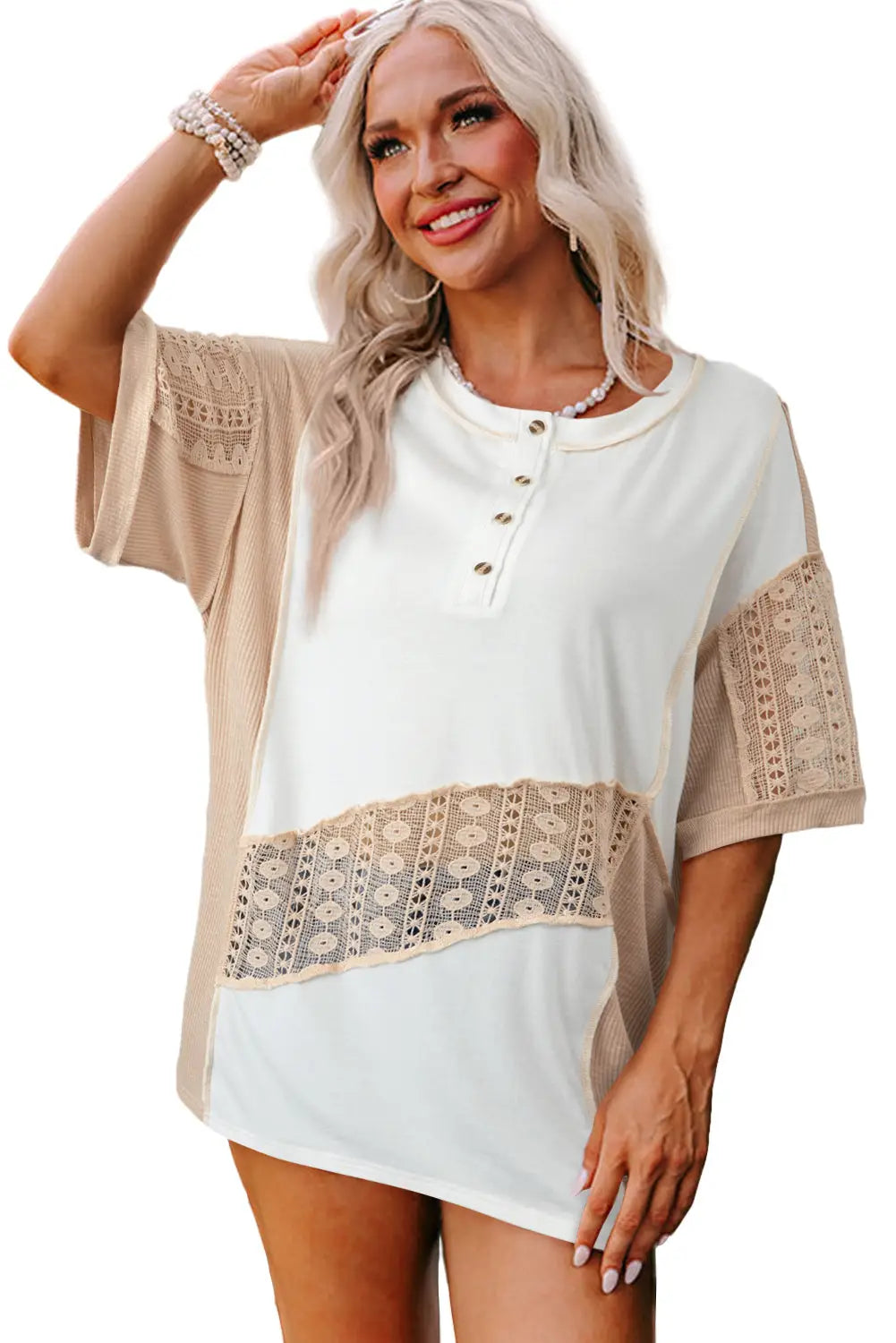 White lace splicing ribbed patchwork short sleeve henley top - t-shirts