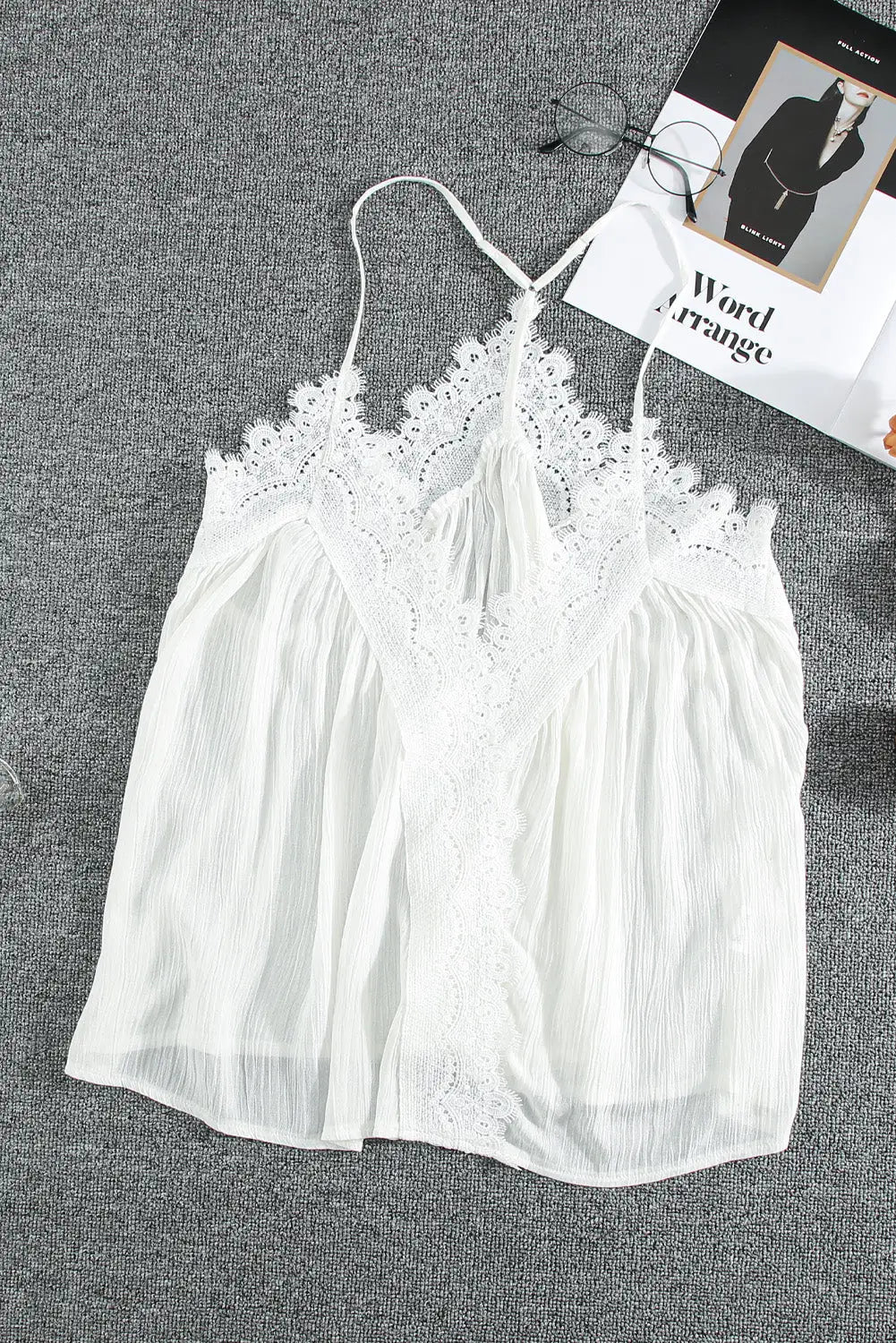 White lace splicing ruffled v neck cami top - tank tops