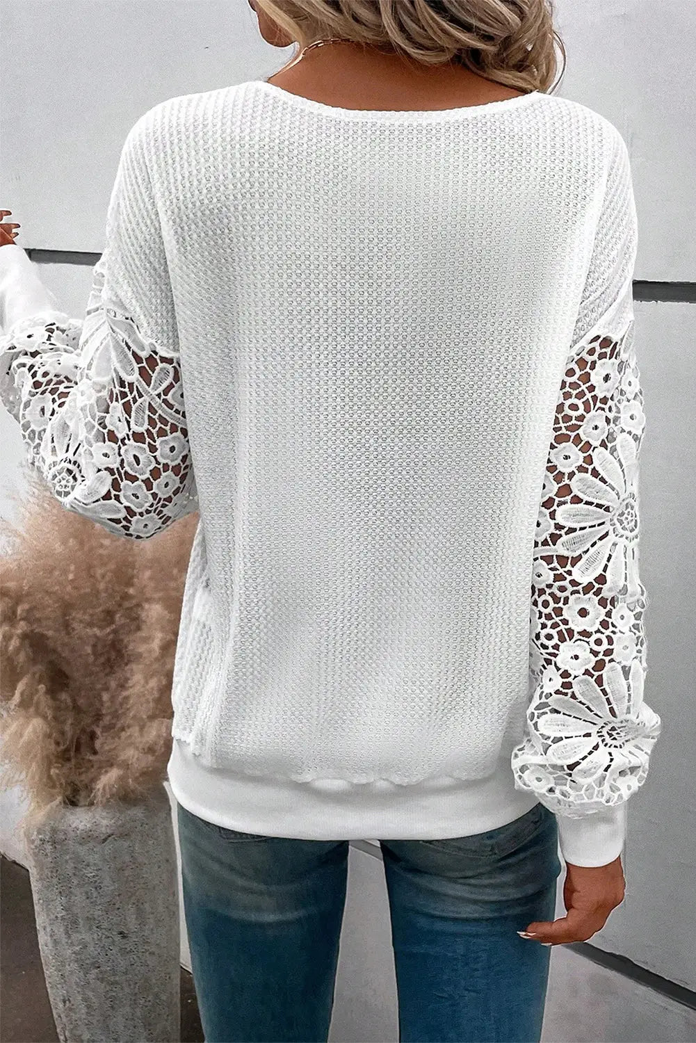 White lace splicing v neck puff sleeve top - long tops