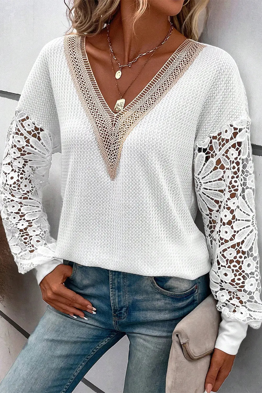 White lace splicing v neck puff sleeve top - long tops