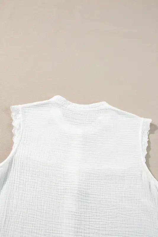 White lace trim crinkle knot hem sleeveless shirt - tops