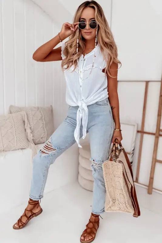 White lace trim crinkle knot hem sleeveless shirt - tops