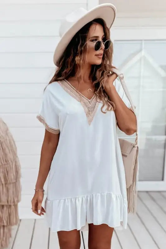 White lace trim short sleeve ruffled mini dress - dresses