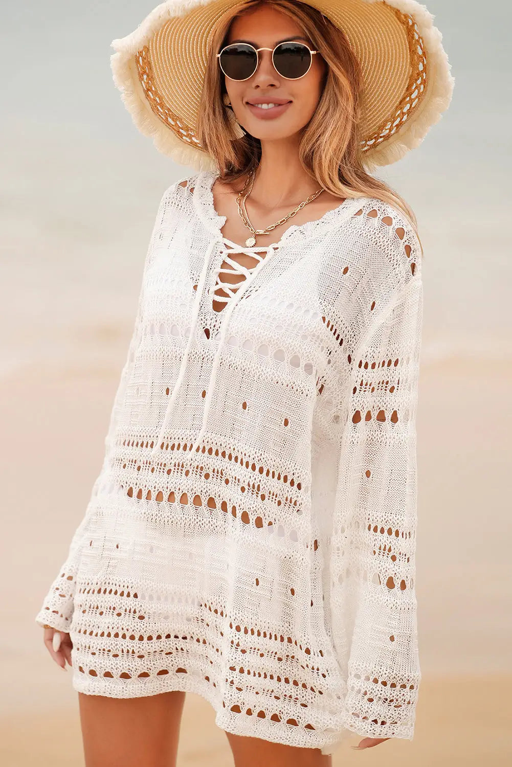 White lace-up long sleeve cover up - beach cover-ups