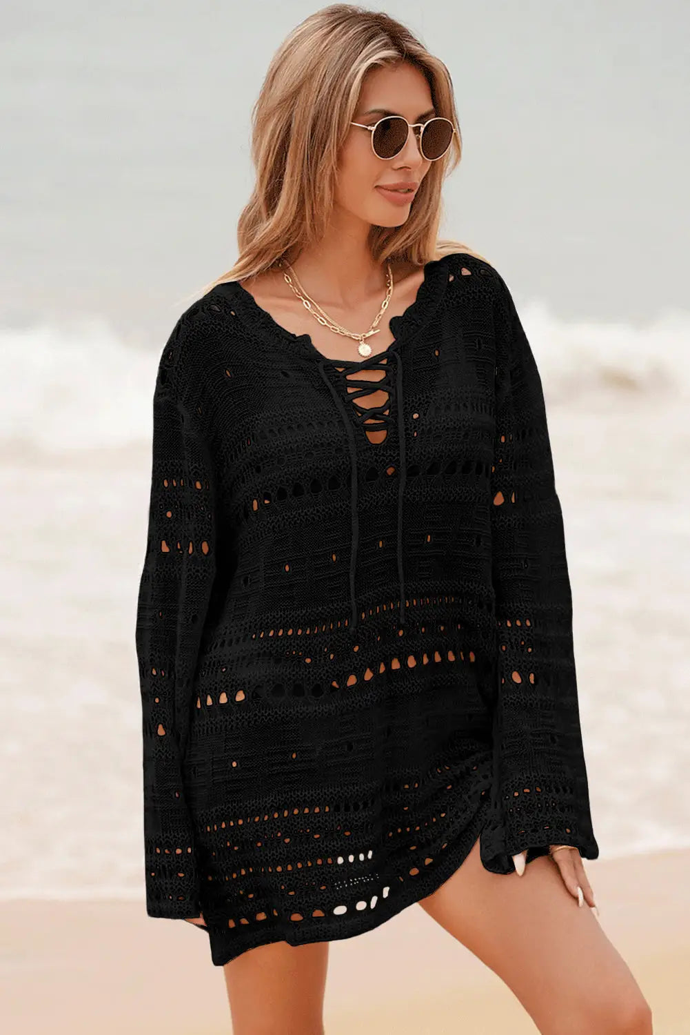 White lace-up long sleeve cover up - beach cover-ups