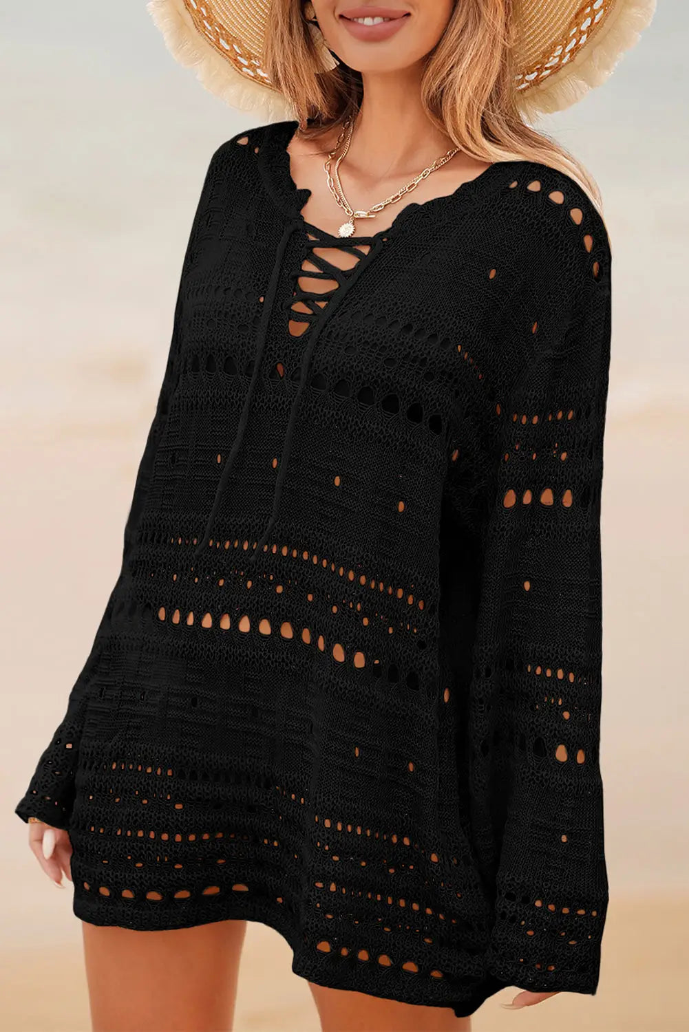 White lace-up long sleeve cover up - black / s / 100% polyester - beach cover-ups
